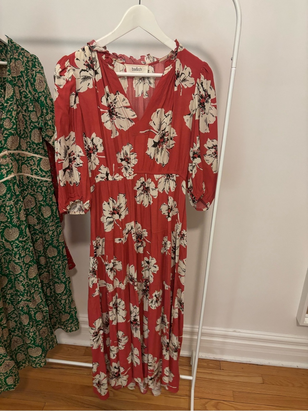 ba&sh red floral maxi dress with cream blooms